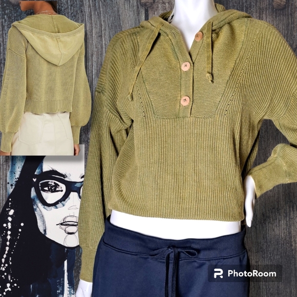 SAKS 5TH AVE URSINA PULLOVER KNIT HOODIE Chartreuse Cropped & Soft Oversized MED - Picture 4 of 8